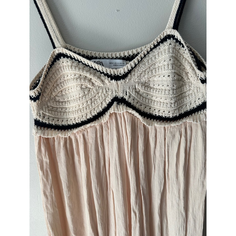 Zara Crochet Knit Bodice Crinkle Midi Dress Cream Black Boho Summer Flowy Size M - Picture 3 of 8